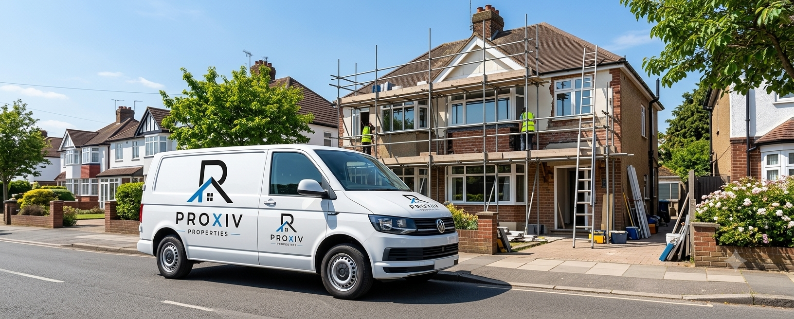 ProXIV Properties van outside a large brick house with scaffolding during a full renovation