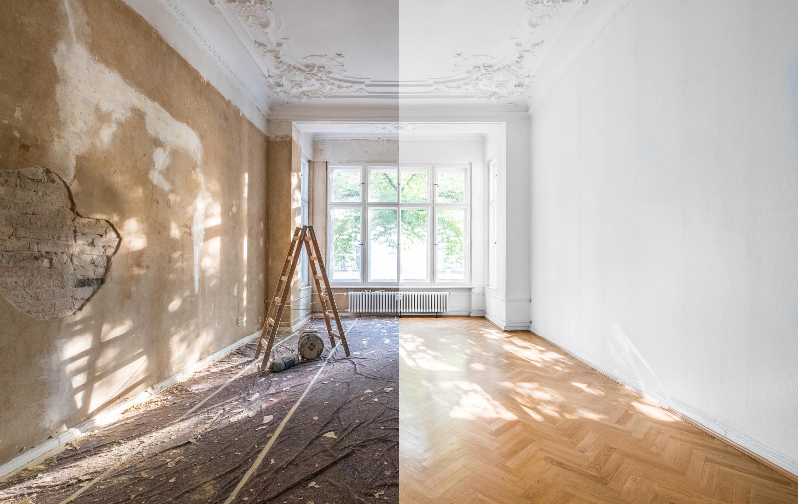 Split image of a room in derelict condition and after being fully refurbished
